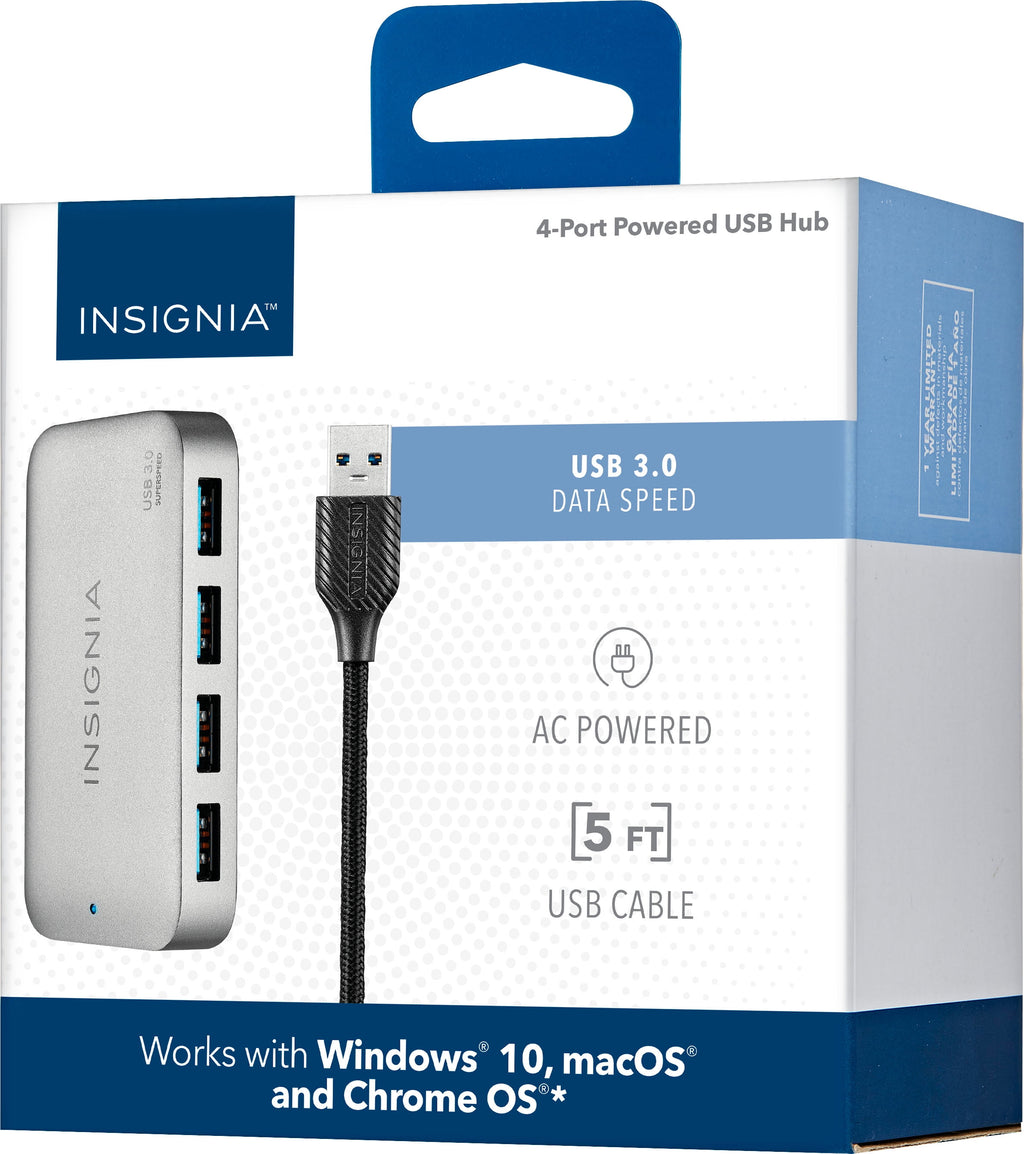 Insignia 4-Port USB 3.0 Hub with 5ft. Cable Power Supply, USB Splitter Expander for Laptop, Xbox, Flash Drive, HDD, Console, Printer, Camera, Keyborad, Mouse, MacBook, Surface, PC, Silver Grey