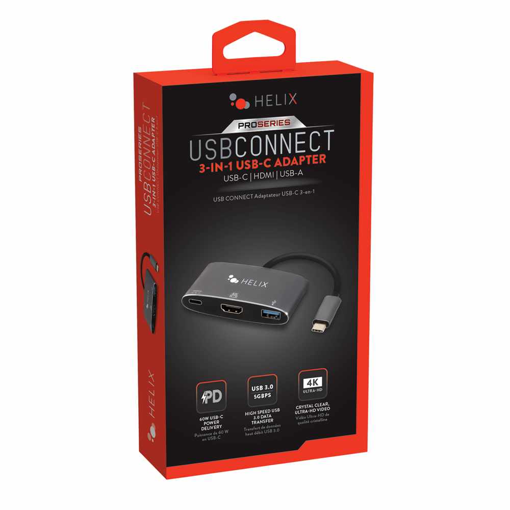 Helix/Retrak 3-in-1 USB-C Adapter with USB-A HDMI and USB-C Ports Black Adapters
