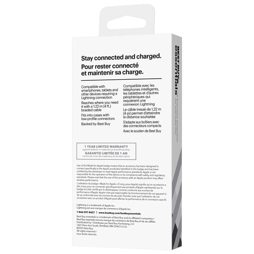 Best Buy Essentials 1.2m (3.9 ft.) Braided USB-A to Lightning Cable (BE-MCA4ALW-C) – Fast Charging & Data Sync Cable for iPhone, iPad & iPod – White