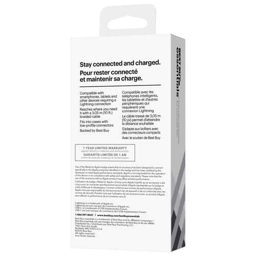 Best Buy Essentials 3m (9.8 ft.) Braided USB-C to Lightning Cable – BE-MCA10CLW-C – Fast Charging & Durable Design