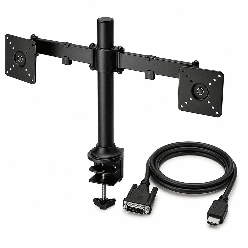 Insignia 32" Full-Motion Dual Monitor Mount Bundle with 6 ft HDMI to DVI Cable – Adjustable Desk Clamp Stand, Tilt/Swivel/Rotate, VESA Compatible (Black)
