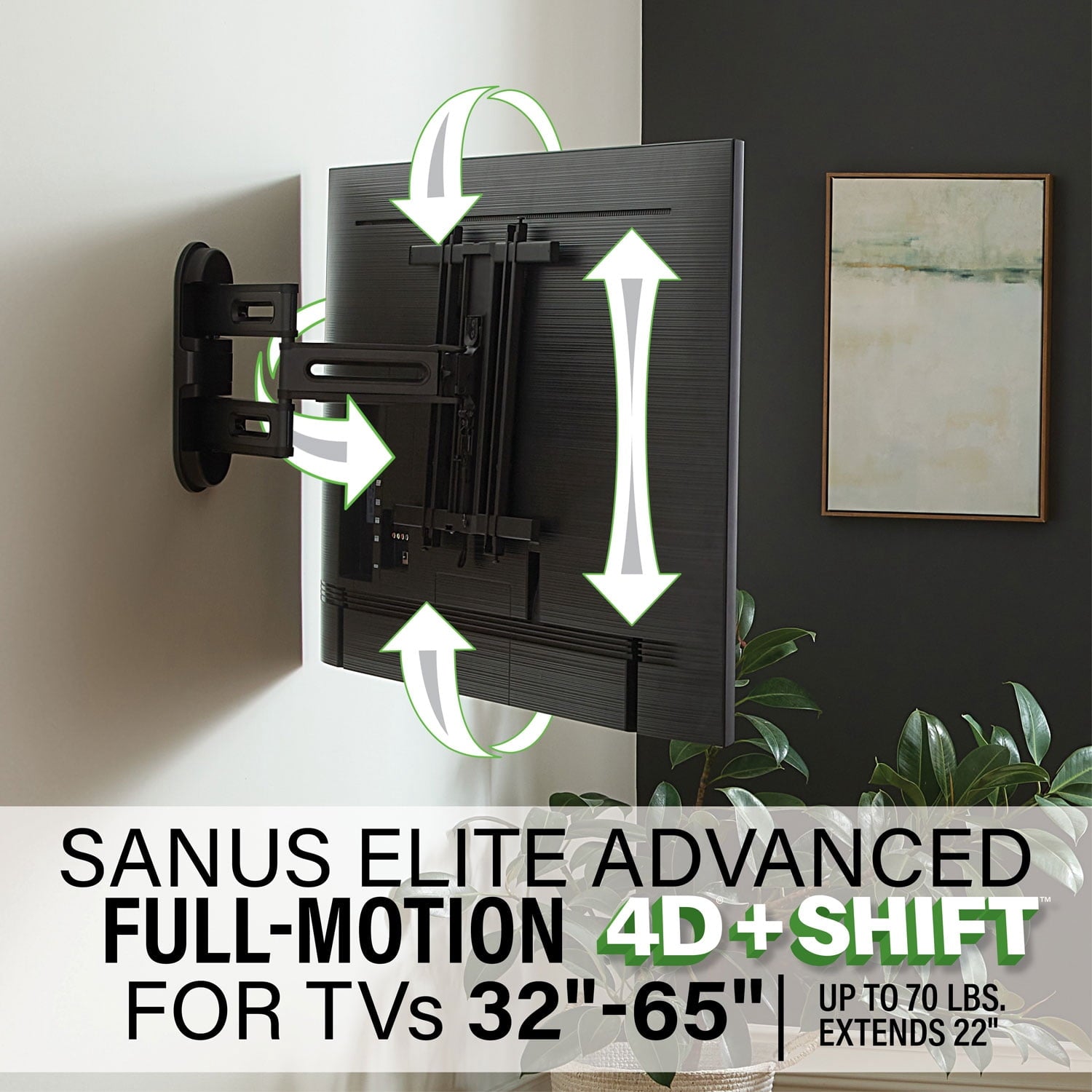 SANUS Elite Advanced Full Motion 4D + Shift TV Wall Mount for 32"–65" TVs, Swivel, Tilt, Extendable, Black (BMF522-B3)