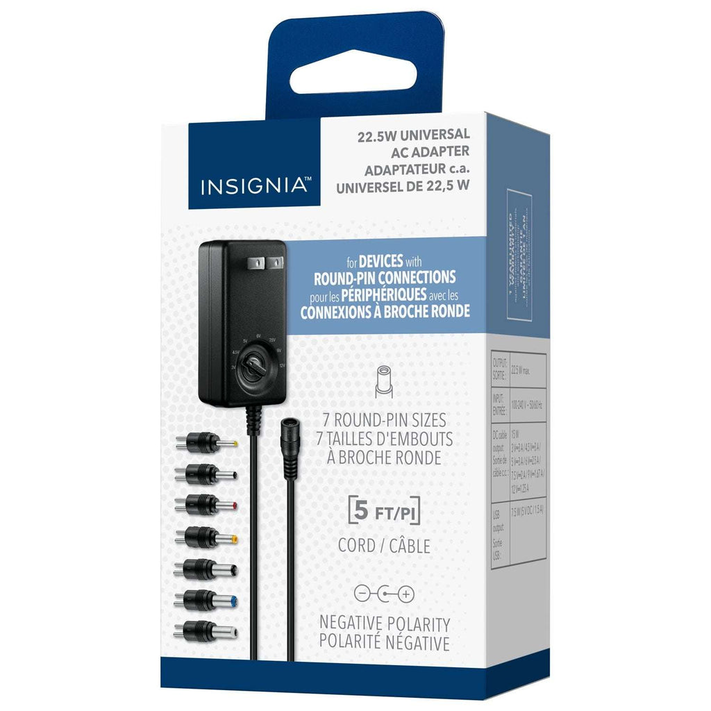 Insignia Universal AC Adapter 22.5W with 7 Interchangeable Tips and USB-A Port, Multi-Voltage Charger for Laptops and Electronics
