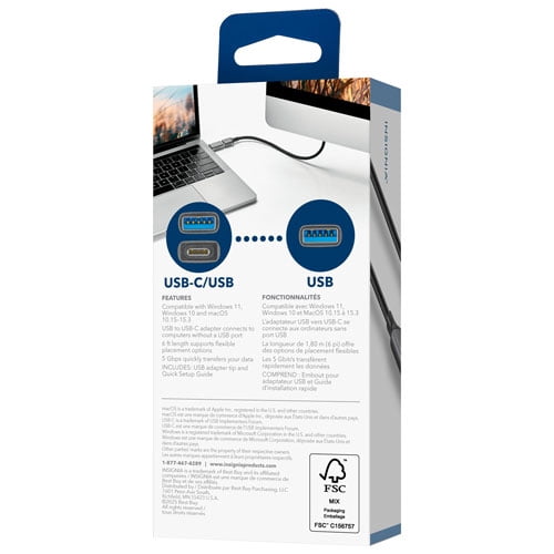 Insignia 1.83m (6 ft.) USB-A Cable with USB-C Adapter, Charge & Sync Cable for Compatible Devices – NS-PCK336C26-C