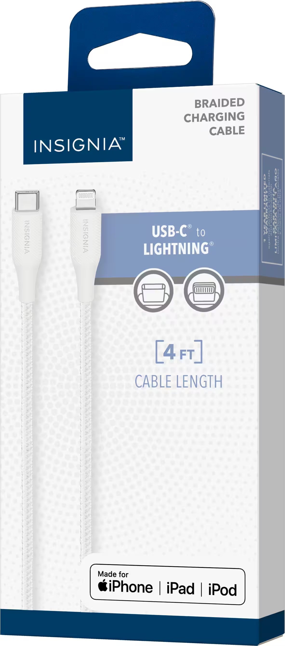 Insignia 4 ft. Lightning to USB Charge-and-Sync Braided Cable - Moon Grey White, MFi Certified