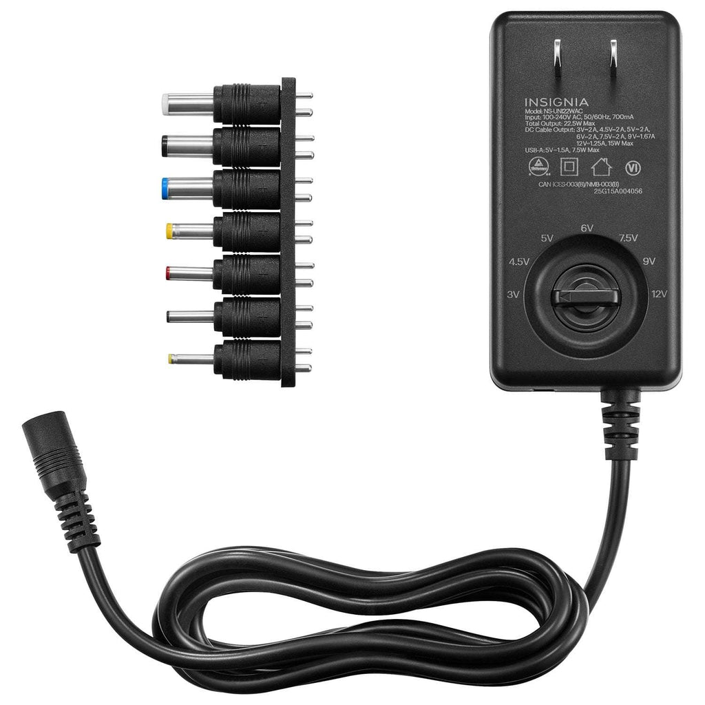 Insignia Universal AC Adapter 22.5W with 7 Interchangeable Tips and USB-A Port, Multi-Voltage Charger for Laptops and Electronics