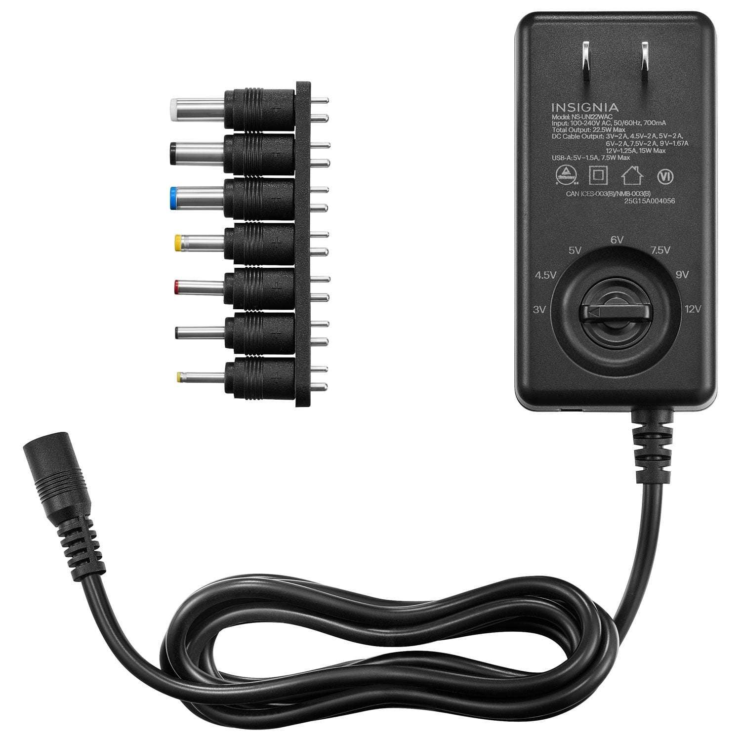 Insignia Universal AC Adapter 22.5W with 7 Interchangeable Tips and USB-A Port, Multi-Voltage Charger for Laptops and Electronics