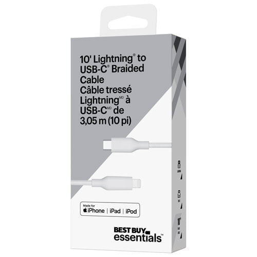 Best Buy Essentials 3m (9.8 ft.) Braided USB-C to Lightning Cable – BE-MCA10CLW-C – Fast Charging & Durable Design