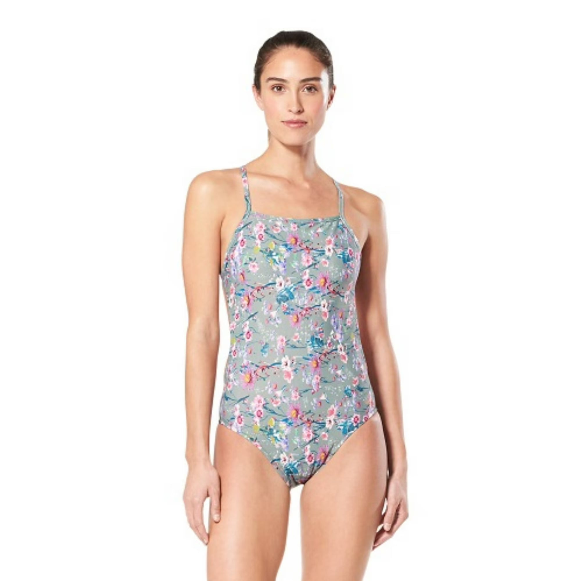Speedo Women's Floral One-Piece Swimsuit – High Cut, Scoop Neck, Adjustable Strap Bathing Suit Size 34
