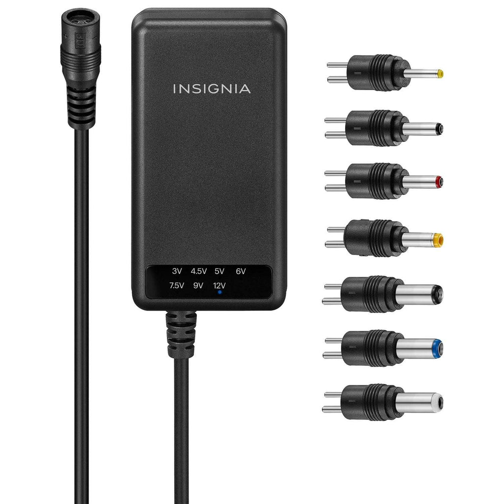 Insignia Universal AC Adapter 22.5W with 7 Interchangeable Tips and USB-A Port, Multi-Voltage Charger for Laptops and Electronics