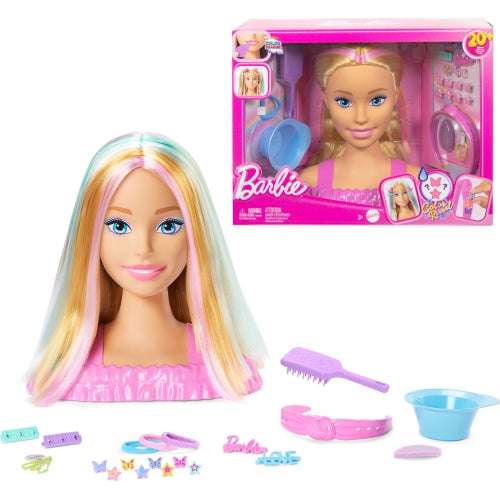 Barbie doll styling head with blonde hair, 20+ hair styling accessories, and color-change star and butterfly hair clips