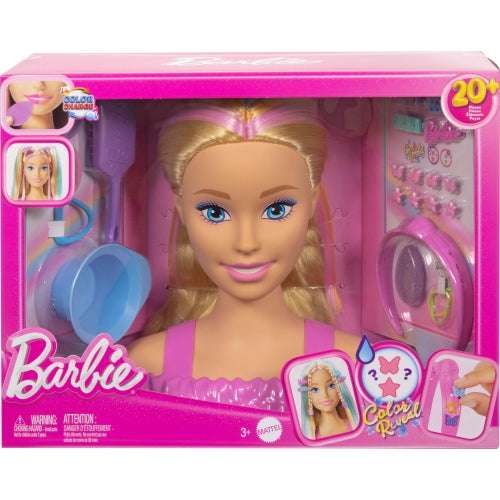Barbie doll styling head with blonde hair, 20+ hair styling accessories, and color-change star and butterfly hair clips