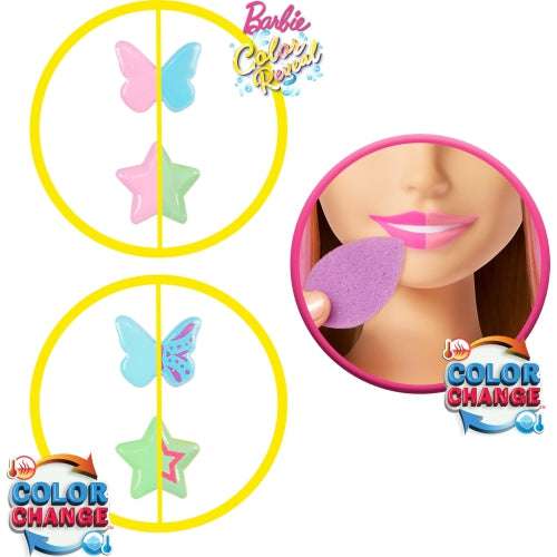Barbie doll styling head with blonde hair, 20+ hair styling accessories, and color-change star and butterfly hair clips
