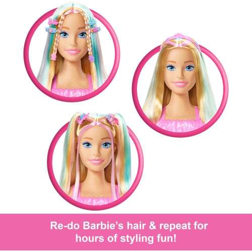 Barbie doll styling head with blonde hair, 20+ hair styling accessories, and color-change star and butterfly hair clips