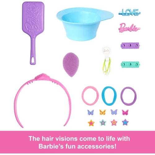 Barbie doll styling head with blonde hair, 20+ hair styling accessories, and color-change star and butterfly hair clips