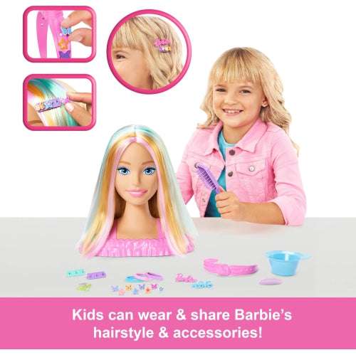 Barbie doll styling head with blonde hair, 20+ hair styling accessories, and color-change star and butterfly hair clips