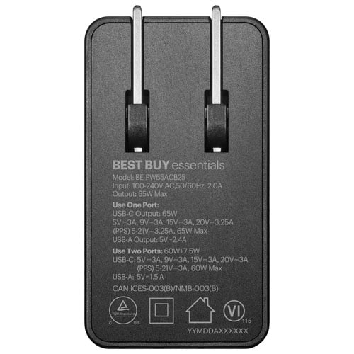 Best Buy Essentials 65W USB-C/USB-A Wall Charger Kit – BE-PW65ACB25-C – Fast Charging for Multiple Devices