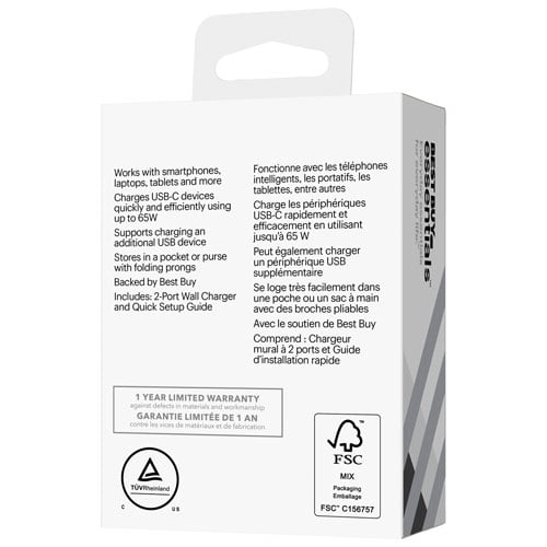 Best Buy Essentials 65W USB-C/USB-A Wall Charger Kit – BE-PW65ACB25-C – Fast Charging for Multiple Devices
