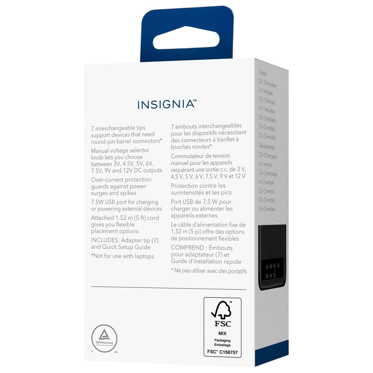 Insignia Universal AC Adapter 22.5W with 7 Interchangeable Tips and USB-A Port, Multi-Voltage Charger for Laptops and Electronics