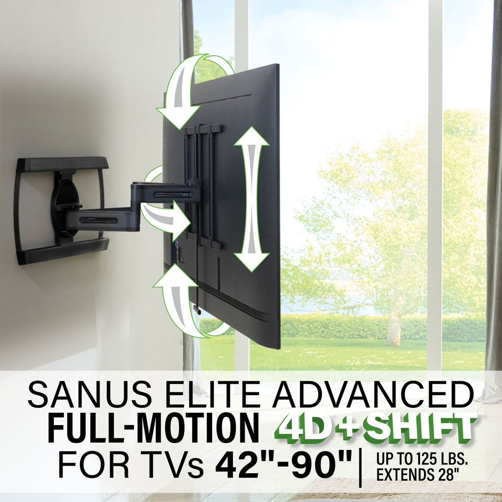 SANUS Elite Advanced Full Motion 4D + Shift TV Wall Mount for 42"–90" TVs, Swivel, Tilt, Extendable, Black (BLF528-B3)
