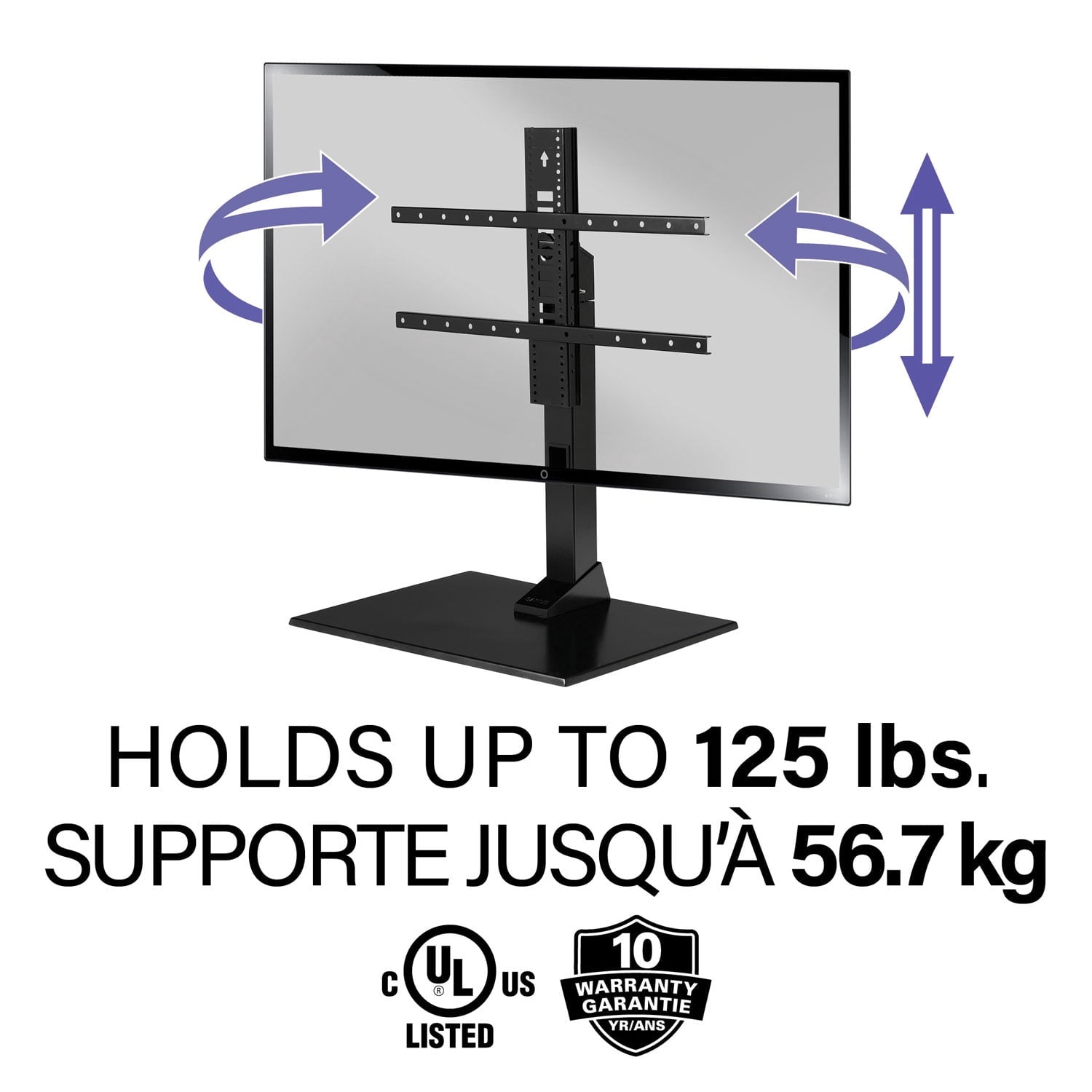 Sanus Systems Table Top TV Stand with Swivel TV Mount for 40"–86" TVs, Adjustable Height, Black (BSTV2-B3)