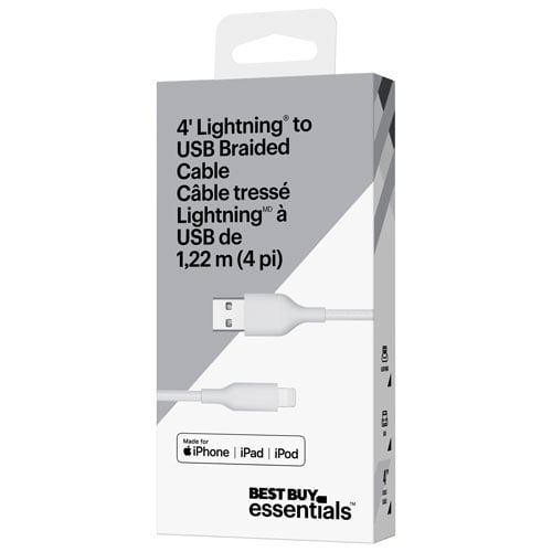 Best Buy Essentials 1.2m (3.9 ft.) Braided USB-A to Lightning Cable (BE-MCA4ALW-C) – Fast Charging & Data Sync Cable for iPhone, iPad & iPod – White