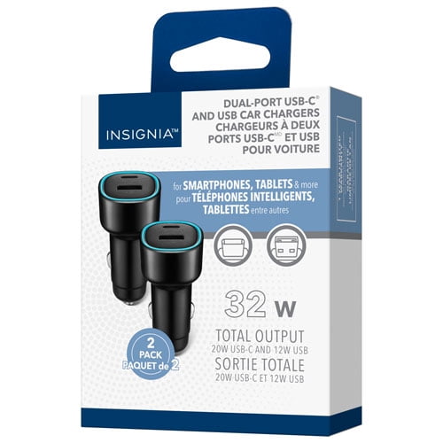 Insignia 32W Dual USB-C/USB-A Car Charger - 2 Pack - Black