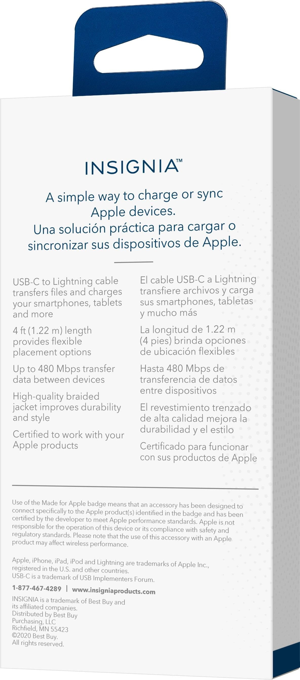 Insignia 4 ft. Lightning to USB Charge-and-Sync Braided Cable - Moon Grey White, MFi Certified