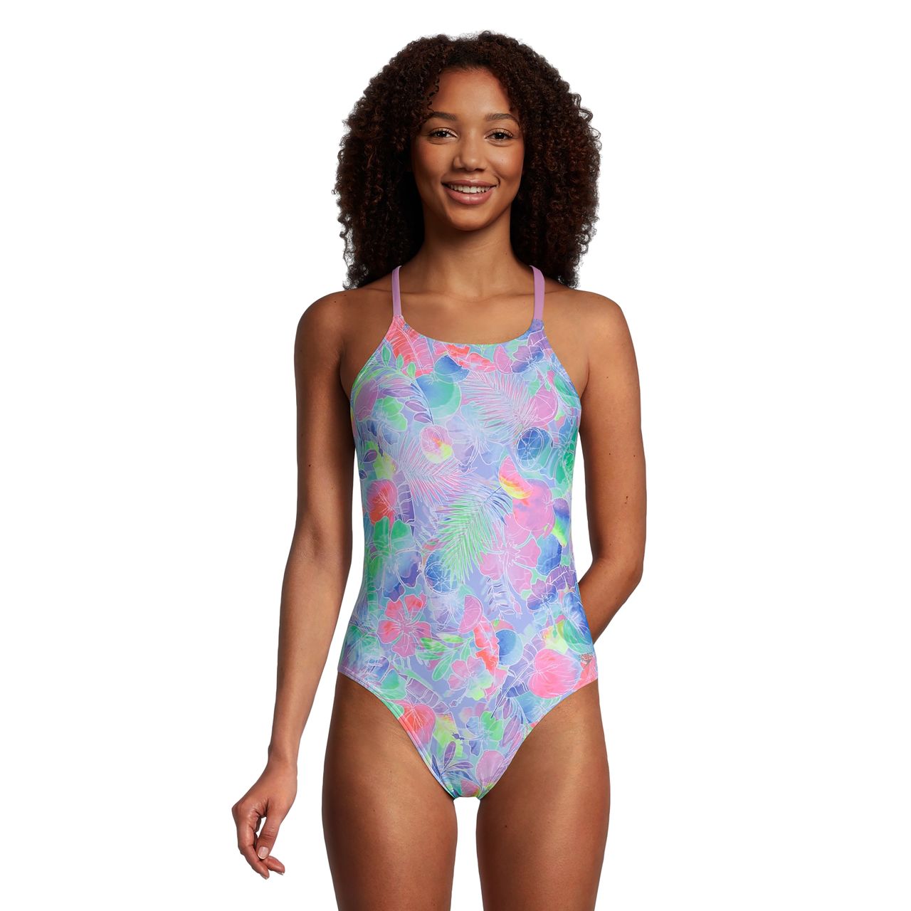 Speedo Women's Floral One-Piece Swimsuit – High Cut, Scoop Neck, Adjustable Strap Bathing Suit Size 34